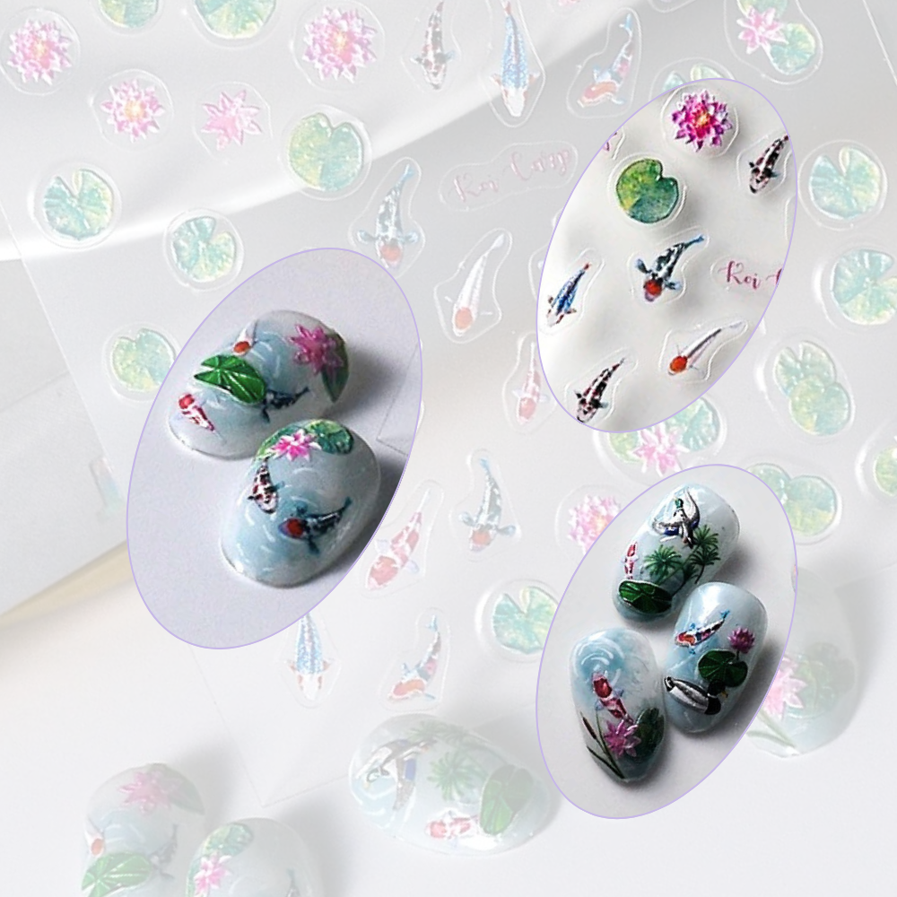 Pond Koi Fish & Lotus Nail Stickers in 5D