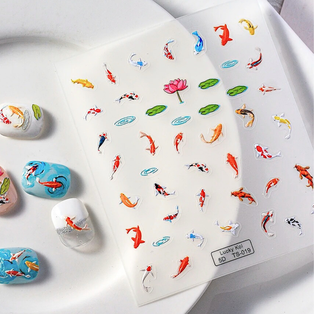 Pond Koi Fish & Lotus Nail Stickers in 5D