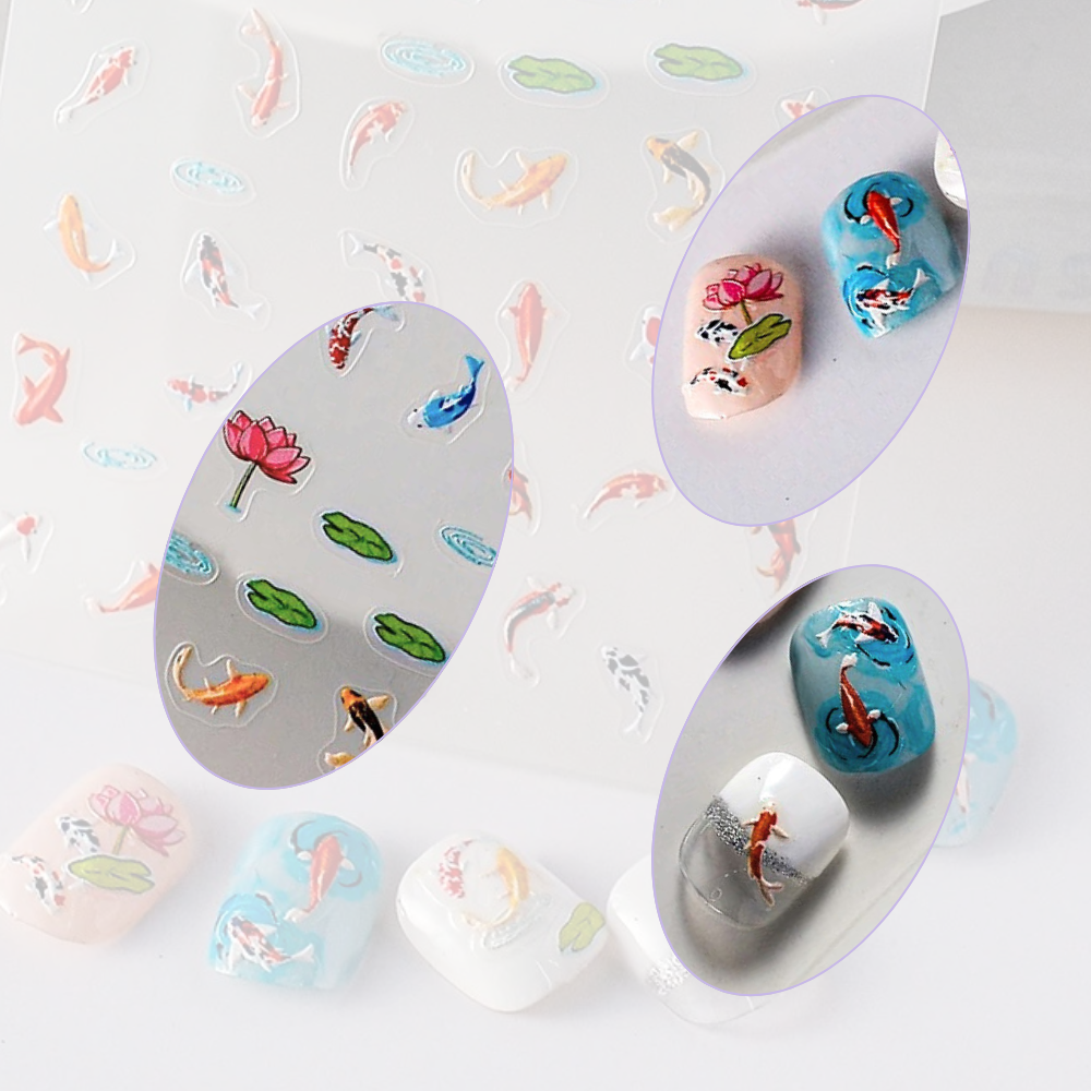 Pond Koi Fish & Lotus Nail Stickers in 5D