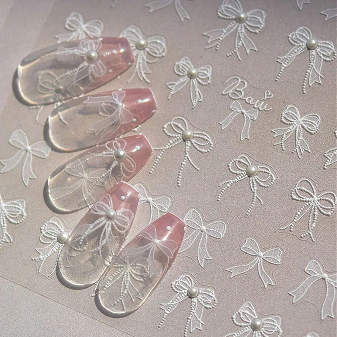 White Wintery Bows with Pearls 5D Nail Stickers