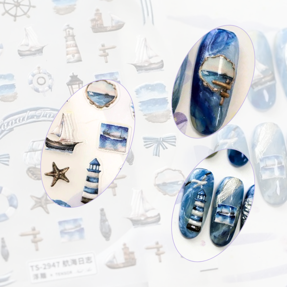 Nautical Lighthouse & Boat Vintage Stickers